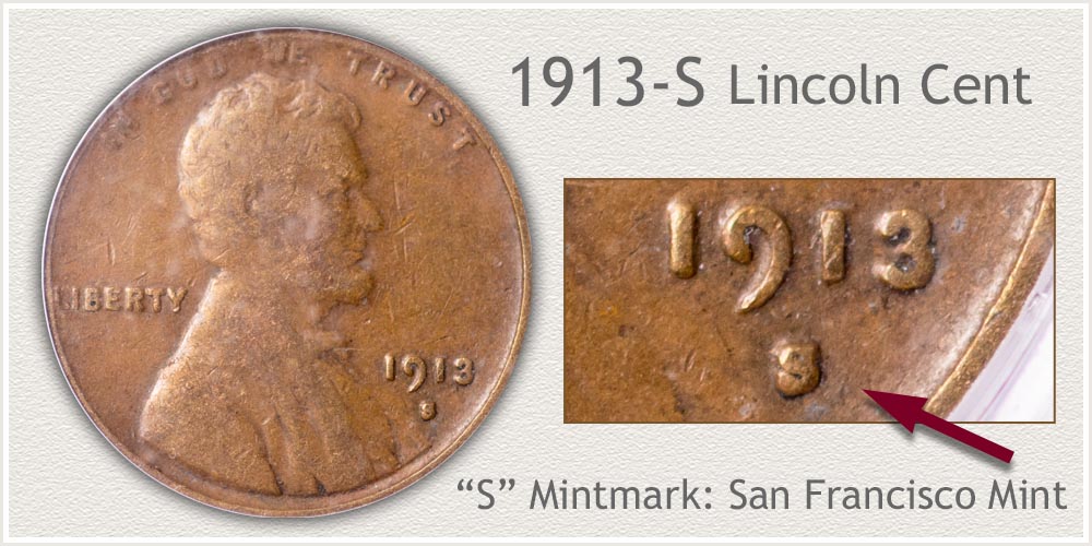 1913-S Lincoln wheat penny showing the S mint mark below the date