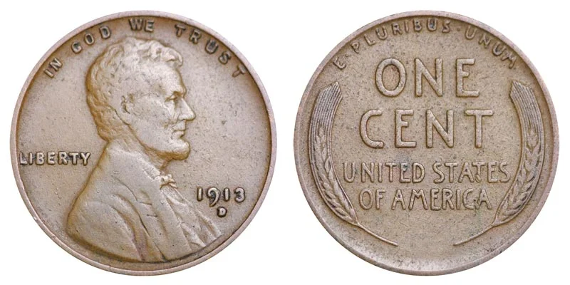 Three 1913 Lincoln wheat pennies from Philadelphia, Denver, and San Francisco mints showing mintage comparison