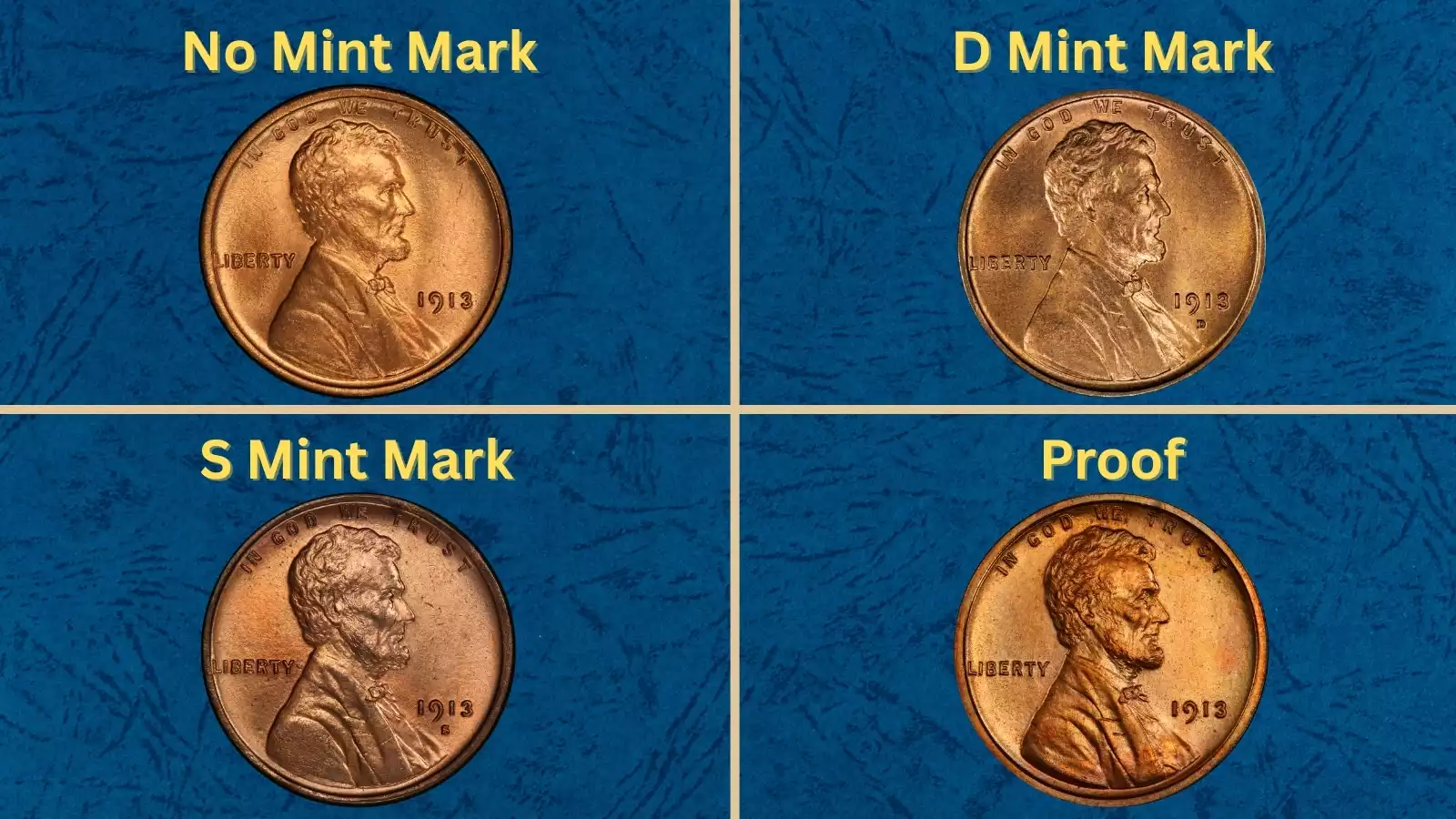 Grading strip showing four 1913 Lincoln wheat pennies across condition grades from worn to gem uncirculated